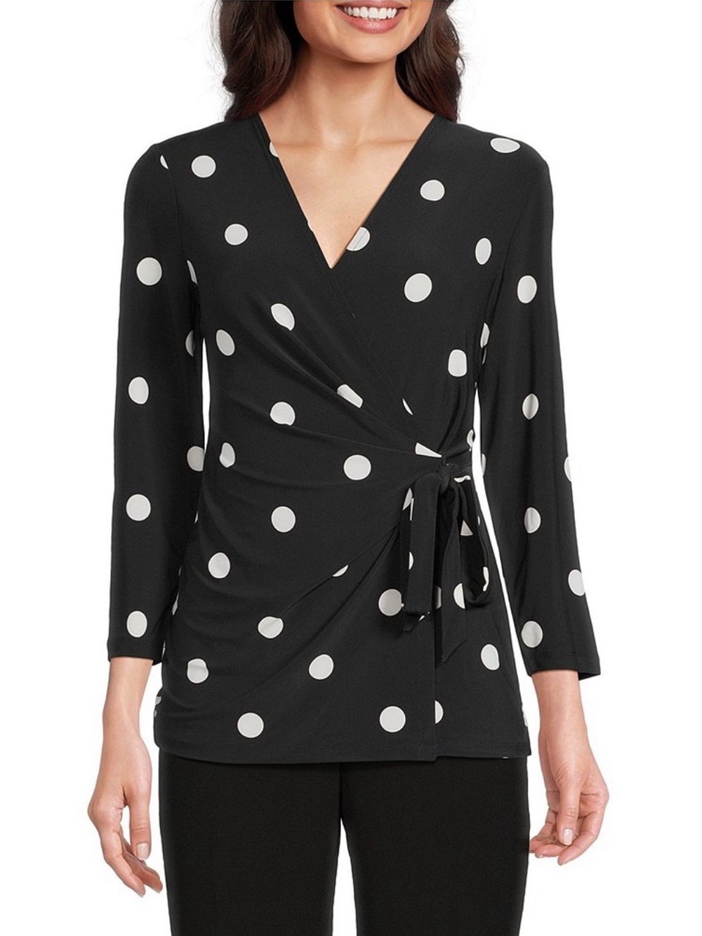 Anne Klein Polka Dot Faux Wrap Tie Waist Top NWT L